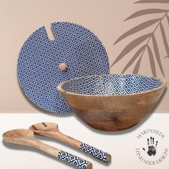 Gracie Oaks Wooden Serving Bowl With Lid & 2 Serving Spoons