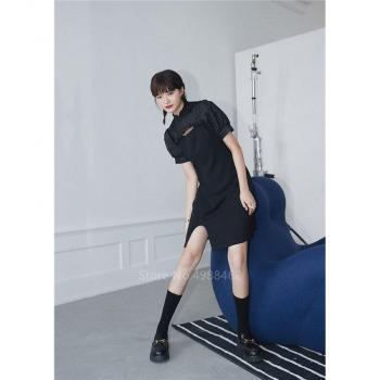 Robe Qipao Court Fendu Noir Femme