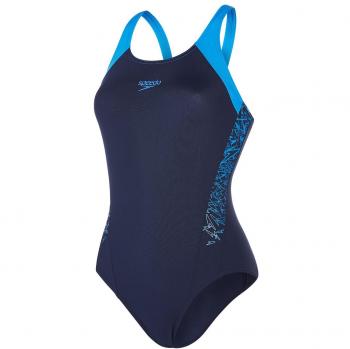 Speedo Women Boom Splice Muscle Back Swimwear, Navy and Neon Blue Pattern