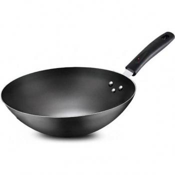 Unbeschichteter Wok aus Eisen, handgefertigte Pfanne mit Deckel – Für Gas & Induktion, Weniger Rauch