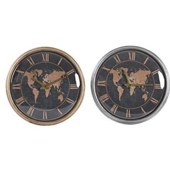 World Atlas Decorative Wall Clock – 46 × 6.5 × 46 cm, Crystal Silver, Iron & Brown Accents