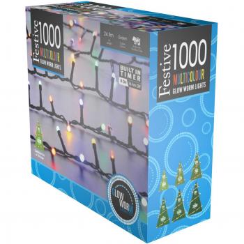 Festive Indoor & Outdoor 7ft Christmas Tree Glow-Worm Lights 1000 Multi-Coloured LEDs