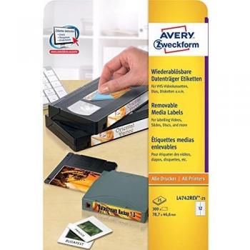 Avery Zweckform L4742REV-25 Lot de 25 feuilles pour étiquettes de VHS enlevables 78,7 x 46,6 mm