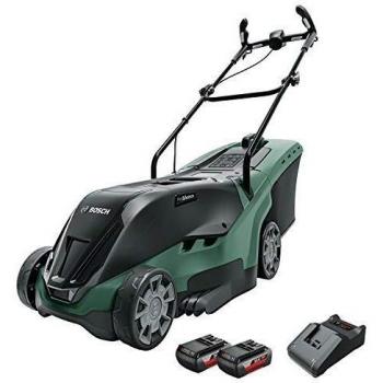 Bosch Akku Rasenmäher mit 2 Akkus und Rasenflächen bis 560 m² im Kasten