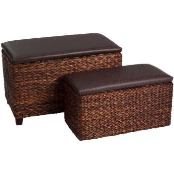 Set of Two Cattail Leaf Ottoman Beds with Built‑In Shelves