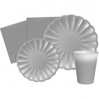 Kit Decorativo Tavola Flower Shape Argento (112 pz Ø23cm, 24 bicchieri, 40 tovaglioli) Eco-Friendly AZ158