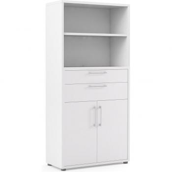 White 2-Door Bookcase with 2 Shelves and 2 Drawers