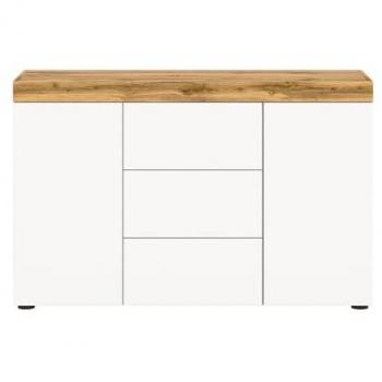 Credenza moderna in colore bianco e rovere con 2 ante e 3 cassetti, dimensione L125 cm Malibu