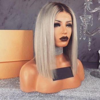 Ascheblonde Bob Perücke mit dunklen Wurzeln, 14 Zoll, gerade, 13x4 Lace Front, synthetisch für schwarze Frauen