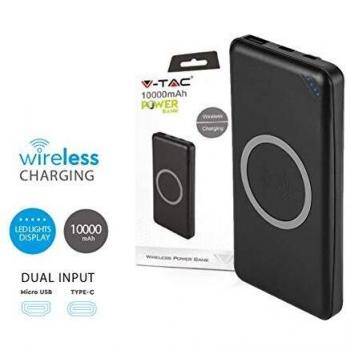 V-TAC Power Bank Portatile 10000 mAh Slim Ricarica Wireless USB Nero