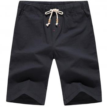 Black Mens Linen Elastic Cargo Shorts with Pocket by AIYINO