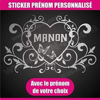 Sticker mural prénom fille 88 cm cœur arabesque papillon argent
