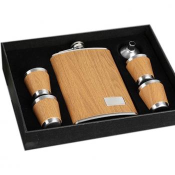 9 Oz Wooden Travel Flask Set with 1 Funnel and 4 Stainless Steel Cups