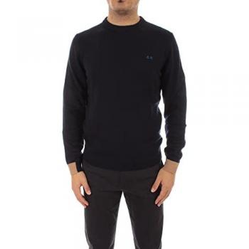 SUN68 Men's Solid Color Ribbed Sweater, Navy Blue, Size 2XL, Male