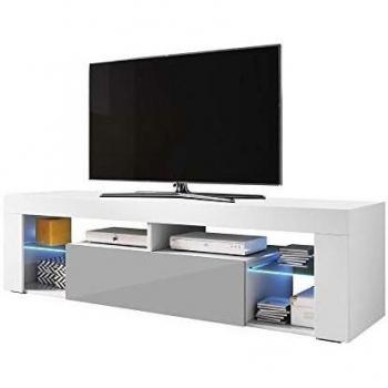 Meuble TV blanc et gris de 140 cm de BIANKO avec tablette en verre et éclairage LED