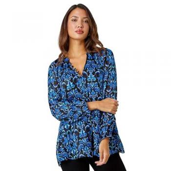 Roman Women's Blue Metallic Print Chiffon Blouse