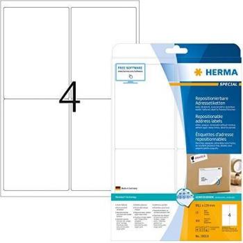 Herma No. 10019 Removable Labels, A4 Size, 99.1 x 139mm, White, 100 Labels / 25 Sheets