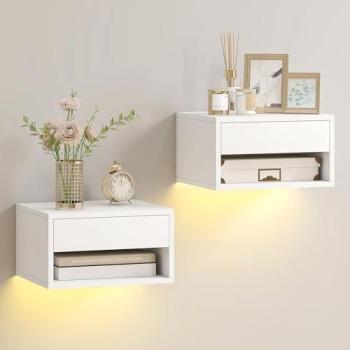 Double lot de tables de chevet suspendues HOMCOM – LED RGB télécommandé, étagère et tiroir, dimensions 37×32×21 cm, finition blanche