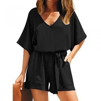 Roskiky Schwarzer Jumpsuit für Damen – V‑Ausstech, Belted, M