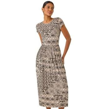 Roman Women's Brown Abstract Midi Dress (Size 18)
