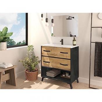 Ensemble Vasque et Miroir Marbre / Chêne Doré