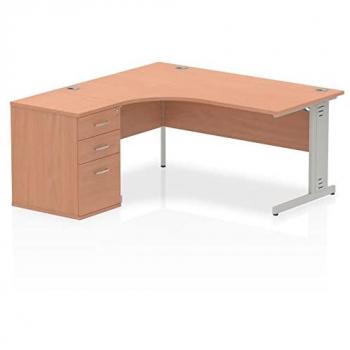 Impulse Bench 1600mm Left Crescent Office Desk Grey Oak Top White Cable Managed