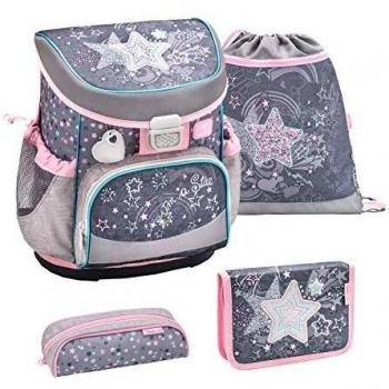 Belmil ergonomischer Schulranzen Set 4-teilig für Mädchen 1, 2 Klasse Grundschule/Super Leicht 750-800 g/Brustgurt/Stern, Star/Grau, Grey, Rosa, Pink (405-33 Shine Like a Star)