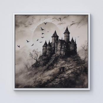 Haunted Castle Ink Painting – Medium 16x16 Canvas