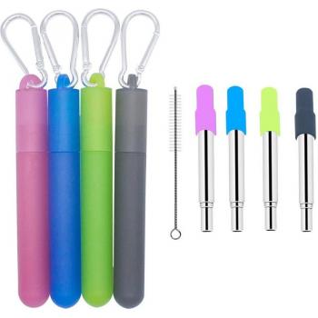 4 Sets of Retractable Stainless Steel Straws with Cleaning Brush, Nozzle, Plastic Box, and Key Ring