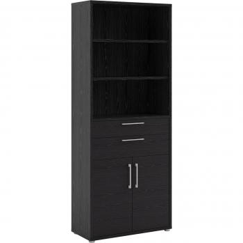 Black Woodgrain 3-Shelf Bookcase with 2 Drawers and 2 Doors
