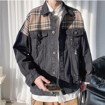 Veste en jean casual homme avec couture à carreaux