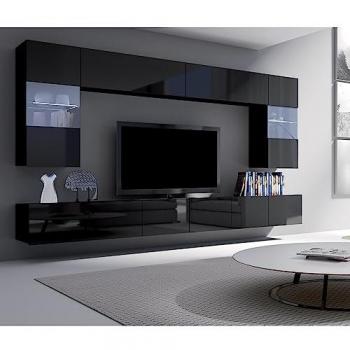Moderne Wohnwand CAIRNS-132, B/H/T ca. 300/200/43 cm, schwarz Hochglanz