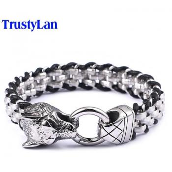 Accesorio de Moda Masculino TrustyLan Cuero y Acero Wolf Head