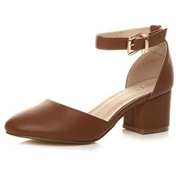 Ajvani Women's Mid Block Heel Ankle Strap Tan 2‑Part Heels (Size 5)