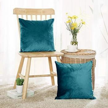 Housses de coussin Deconovo 80 × 80 cm, lot de 2, velours turquoise, usage canapé extérieur et chambre