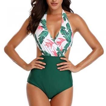 Traje de baño Una Pieza Halter V-Cuello Verde M