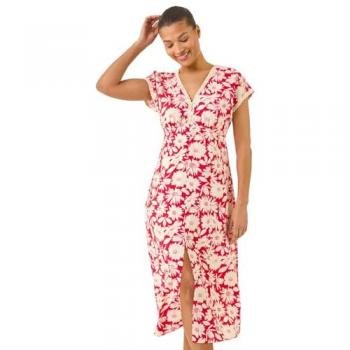 Robe Mi-Longue Roman Rouge à Motifs de Marguerites et Dentelle