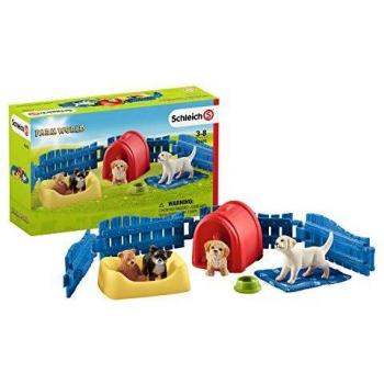 Schleich Farm World Puppy Pen and Black Puppy Figures
