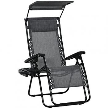 Outsunny Foldable Reclining Garden Chair with Headrest, Zero Gravity Deck Sun Lounger Seat Chair with Footrest, Armrest, Cup Holder & Canopy Shade, Light Grey