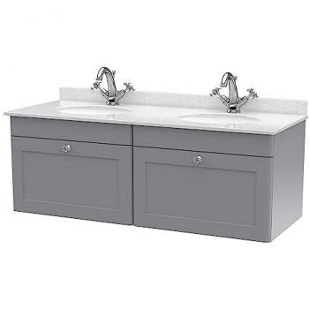 Satin Grey 1200mm Wall Mounted Double Bathroom Vanity with White Marble Top and Round Basins