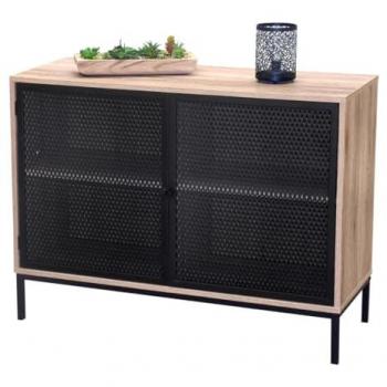 Meublorama Buffet 2 portes avec grillage en métal noir, chêne clair, dimensions 100x40xH75 cm – Série Metalix