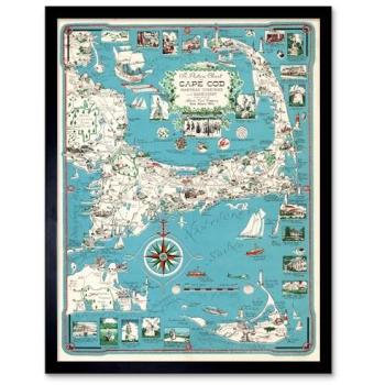 Bright Pictorial Map of Cape Cod & Nantucket (1949) – Ernest Chase, 12x16 in. Framed Print