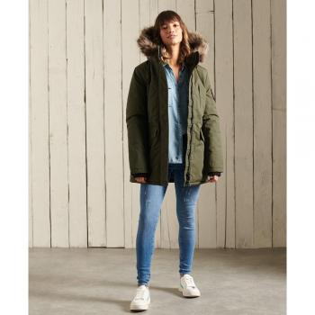 Parka caqui mujer Superdry Everest con capucha y forro de piel sintética