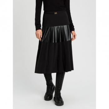 Size L Black Midi Skirt with Pleats and Faux Leather Insert