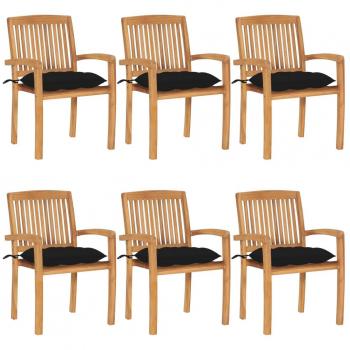 Meubles d’extérieur – Chaises empilables en teck solide, pack 6 avec coussin