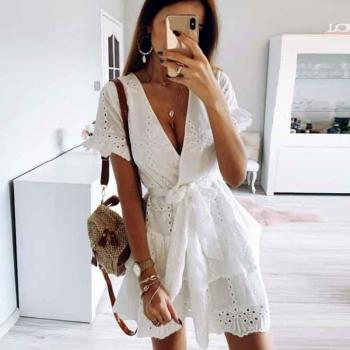 Women's Boho White Cotton Dress with Embroidered Eyelet and Tiered Ruffles