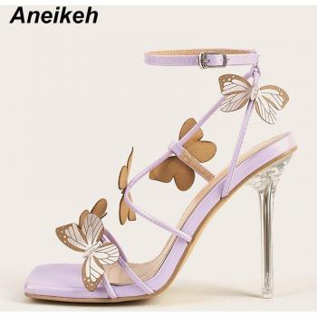 Sandalias de tacón alto para mujer, color morado, con apliques de mariposa, Aneikeh