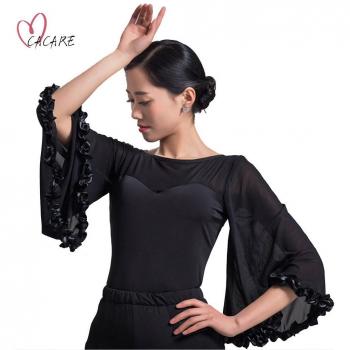 Salon Tango Noir – Robe haute Valse avec manches cloche volantes (D0144)