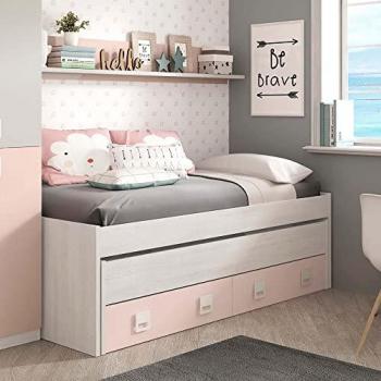 Cama y estante rosa con base, somier y colchones 65x199x96cm