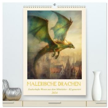 Malerische Drachen (hochwertiger Premium Wandkalender 2024 DIN A2 hoch) Kunstdruck in Hochglanz